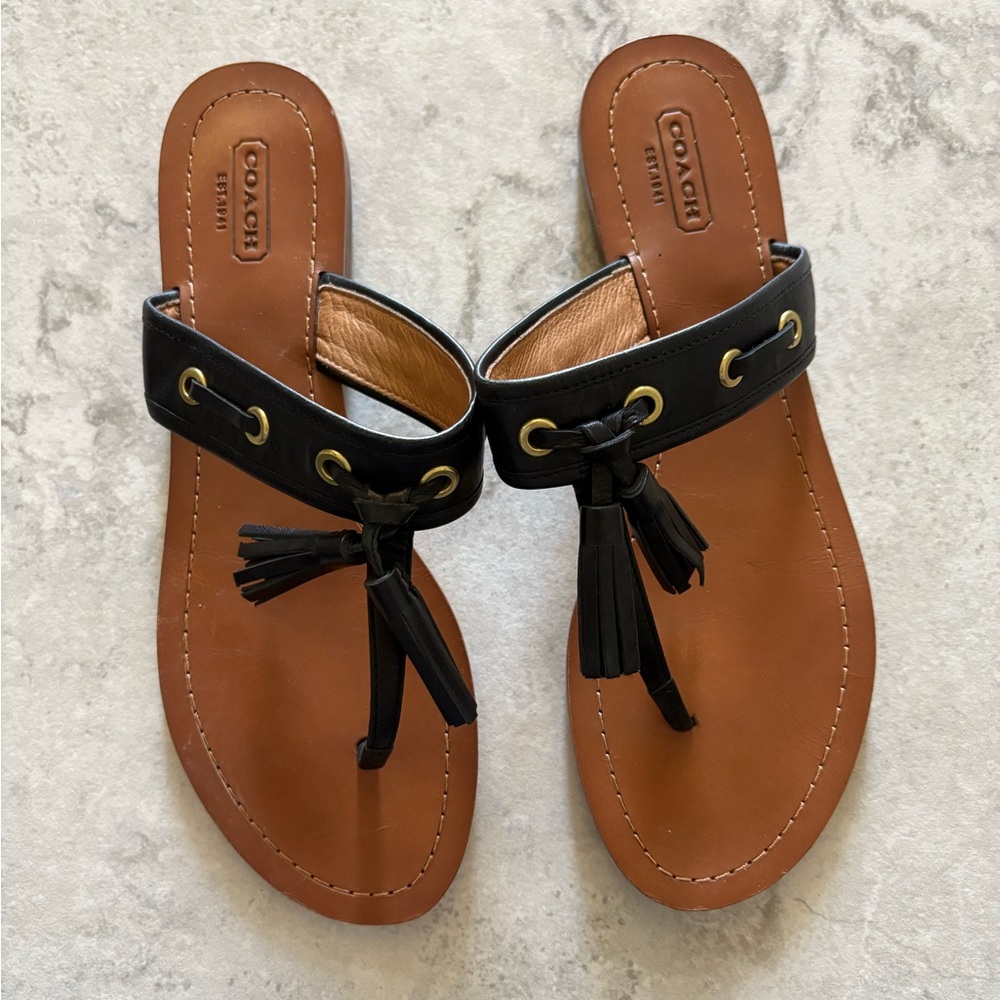 Coach Black and Brown Tassel Leather Thong Sandals